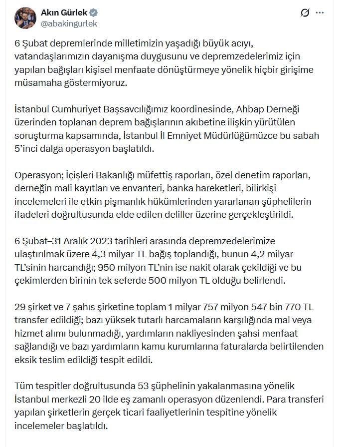 Ahbap soruşturmasında 20 ilde 53 ş&uuml;pheliye operasyon